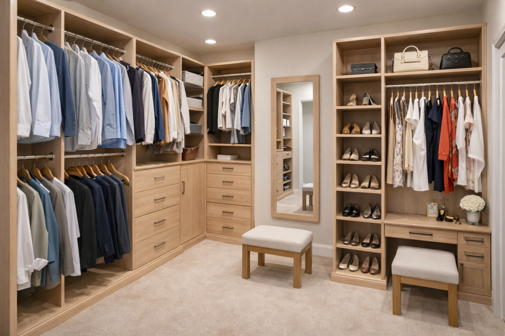 Custom Closet with Shelves and make up staion light wood