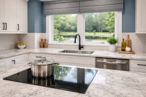 Custom Kitchen Counter Tops in Marble style Blue Walls
