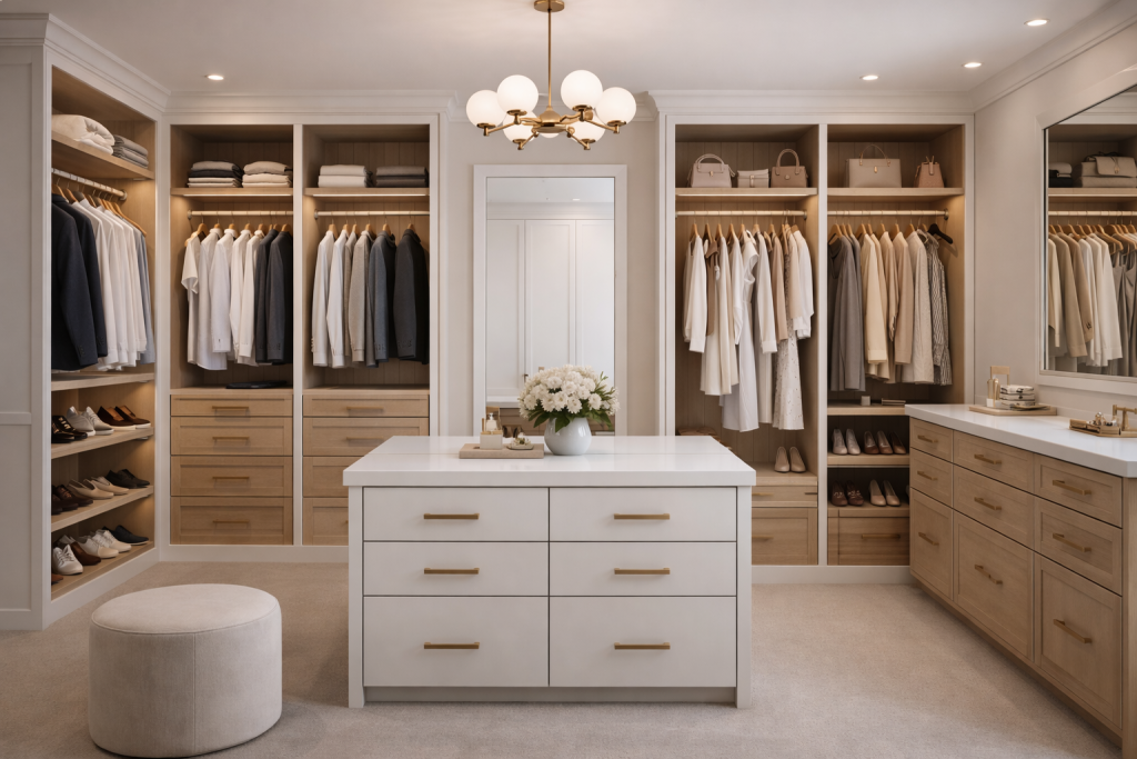 Elegant walk-in closet with luxury details