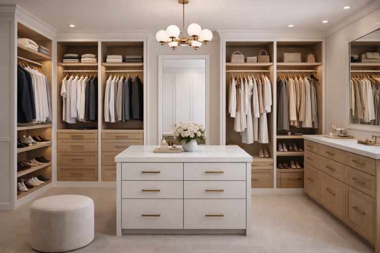 Elegant walk-in closet with luxury details