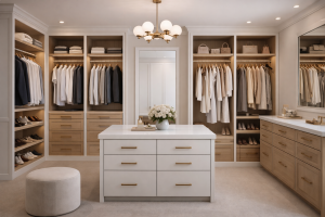Elegant walk-in closet with luxury details
