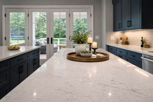 Quartz Kitchen Countertop White Blue cabinets black hardware