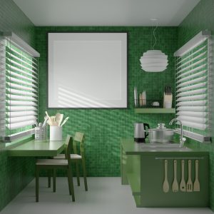 Clean kitchen design with green tile backsplash