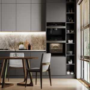 Modern Gray Kitchen with Wood Accents and Quartz Countertops