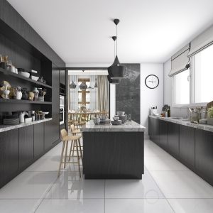 Modern Kitchen with Dark Wood Cabinets and Gray Marble Countertops.