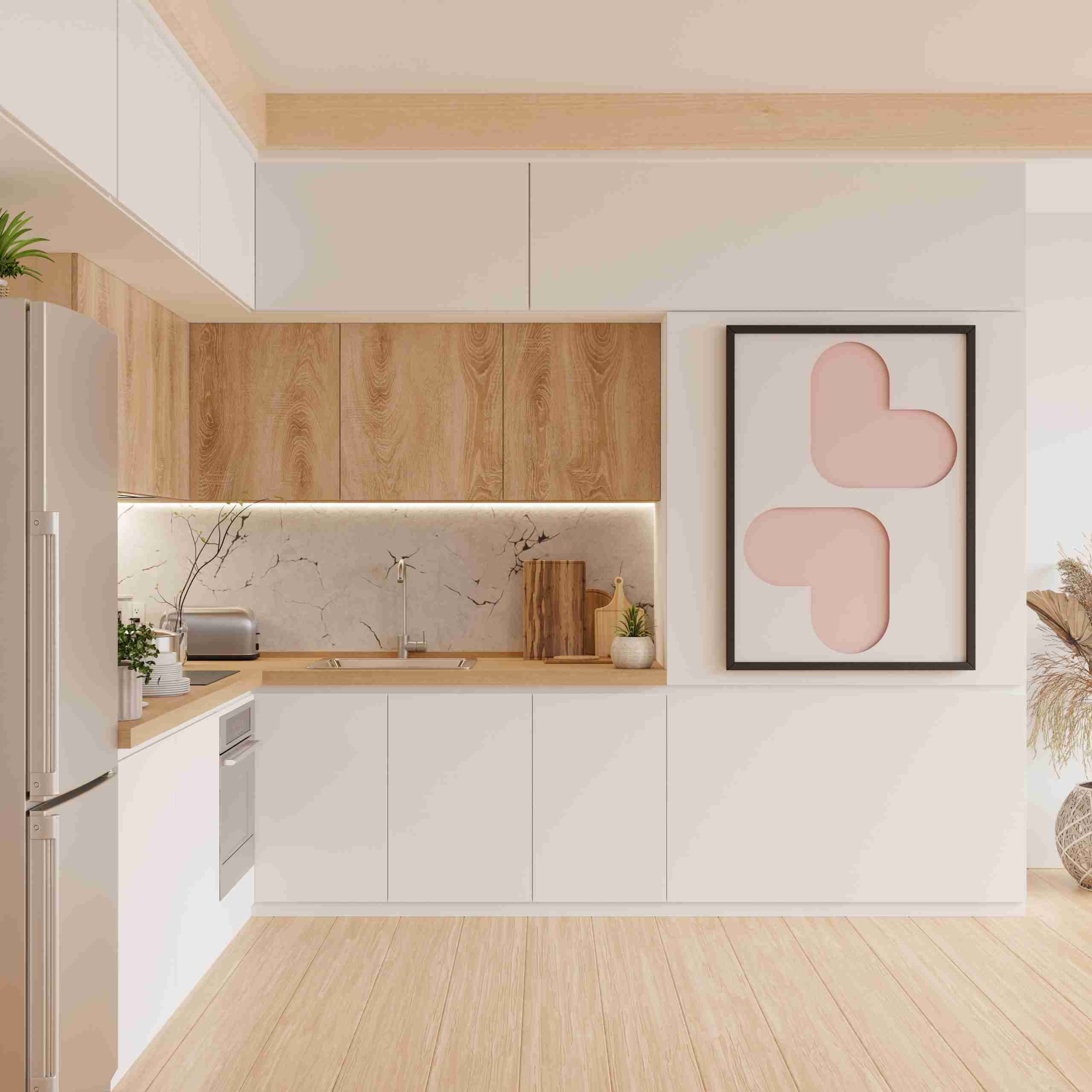 Cozy modern kitchen room interior design with white color wall-